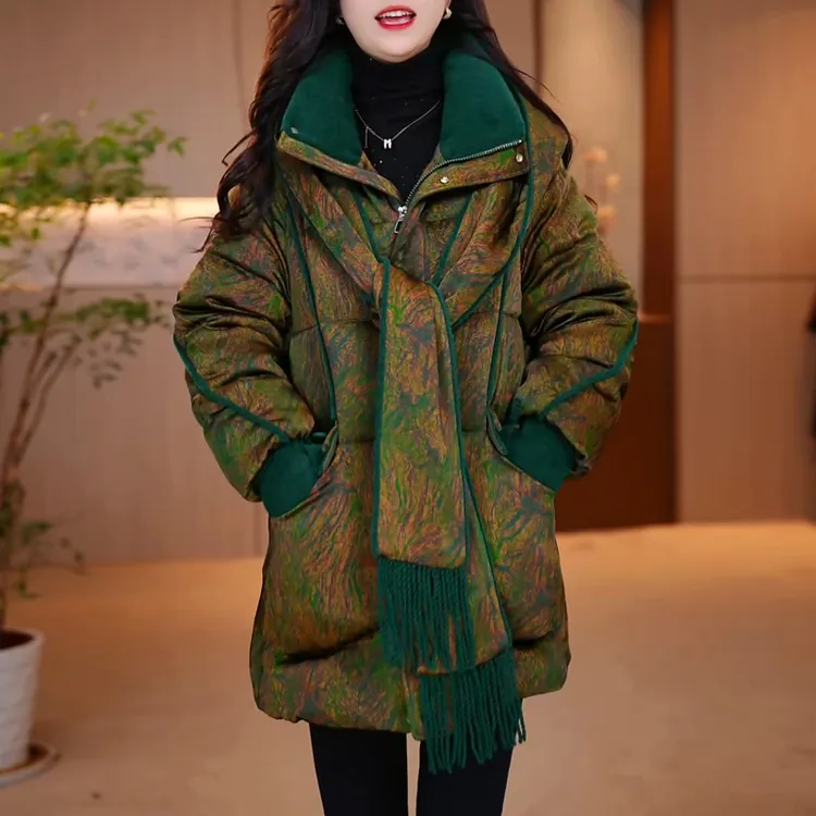 围巾帽子棉服女冬季2025年新款花色保暖今年流行中长棉衣棉袄外套