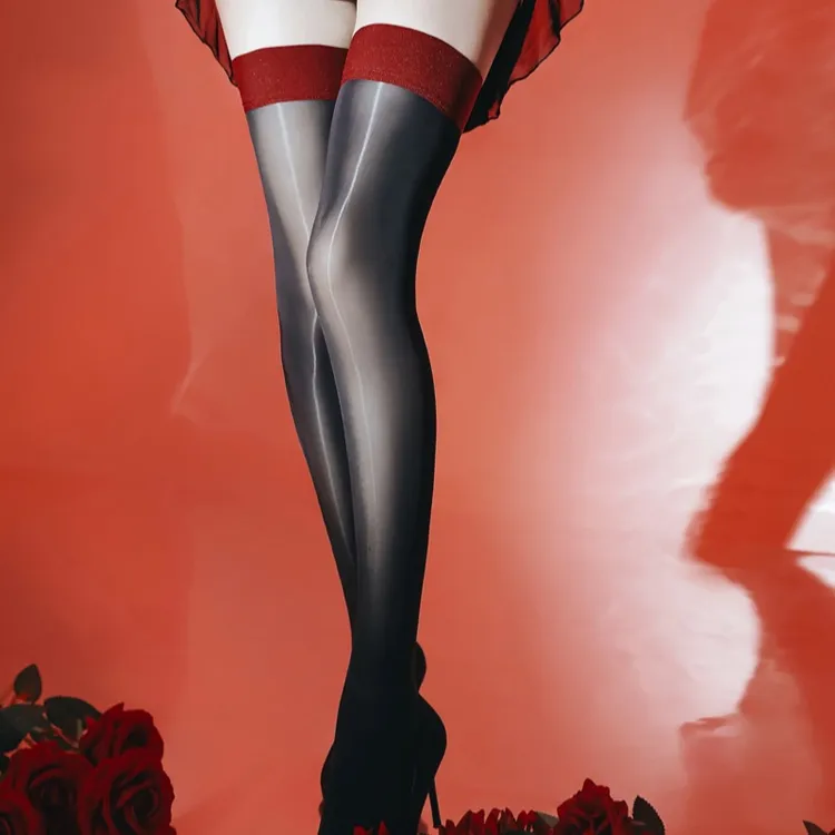 【清欢】8D油亮长筒袜撞色马油袜过膝袜性感油光大腿袜夏防滑黑丝