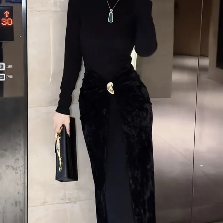 秋季新款假两件丝绒拼接修身显瘦气质连衣裙