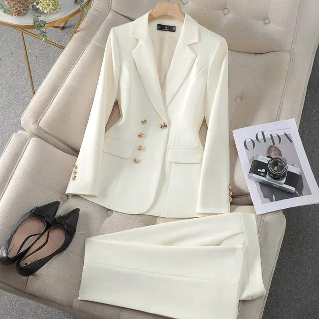 米白西装套装女2024春秋新款高端时尚气质职业正装通勤宽松小西服