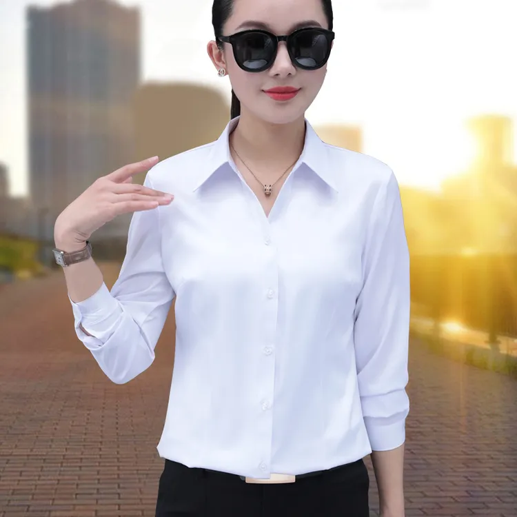 职业V领衬衫女长袖2025春秋新款韩版修身正装工作服免烫白色衬衣