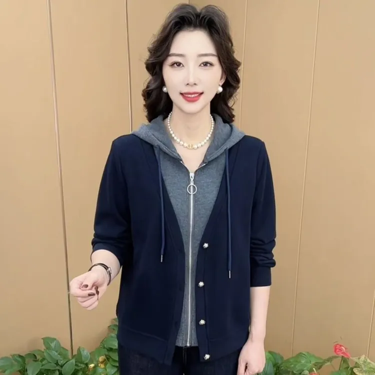 秋冬新款时尚连帽假两件妈妈装拉链加厚款保暖百搭长袖上衣K5567