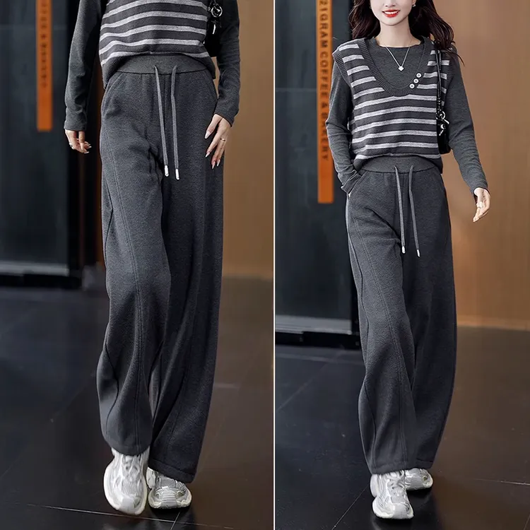 加绒加厚深灰色休闲裤女秋冬2025新款松紧高腰直筒裤慵懒风阔腿裤