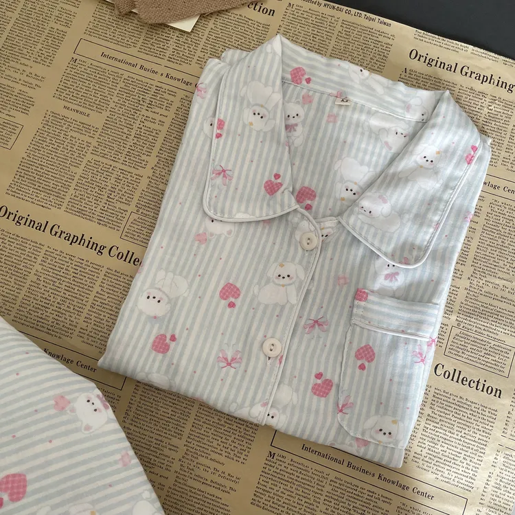 100%纯棉双层纱条纹小狗睡衣女夏短袖短裤长裤全棉软糯家居服套装