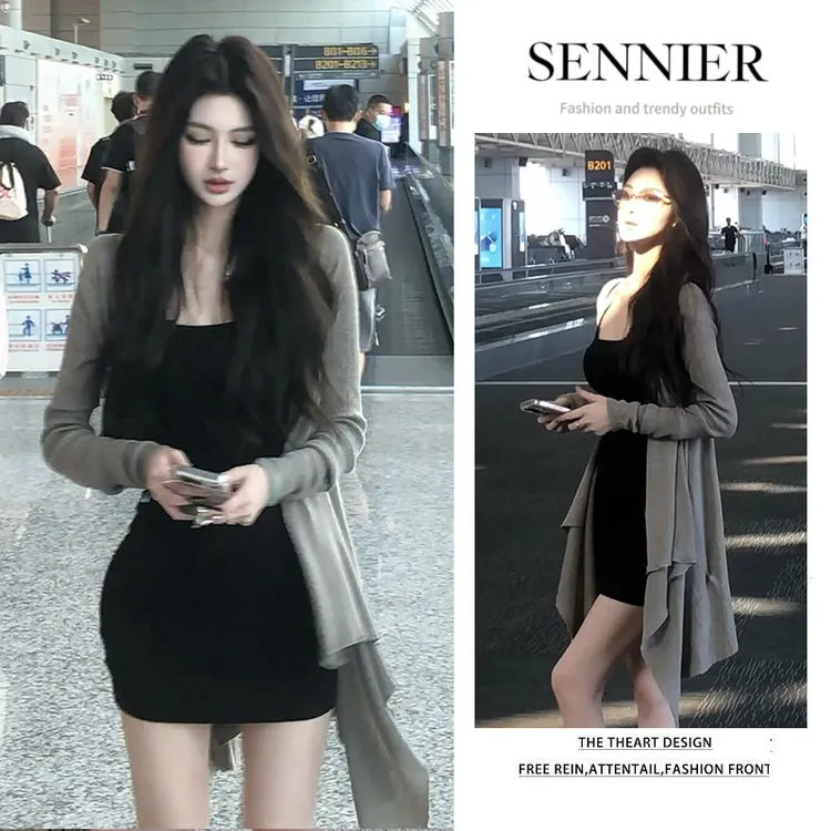 韩系松弛穿搭女2025新款气质不规则开衫长袖纯欲吊带连衣裙两件套