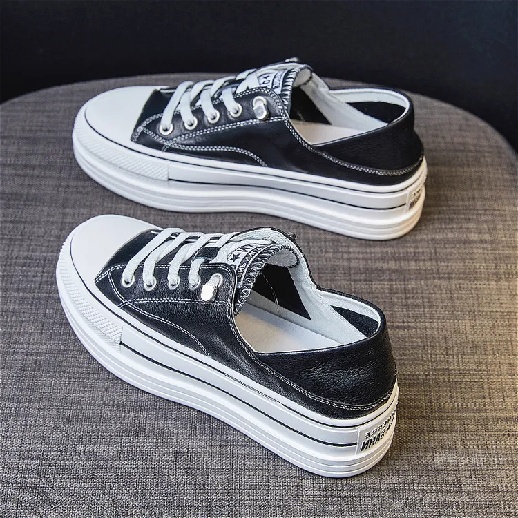 真皮两穿厚底小白鞋女2025春夏网红时尚平底板鞋松糕百搭饼干鞋