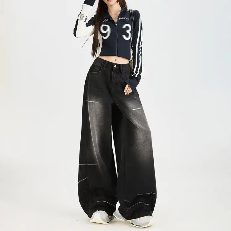 高腰黑色阔腿牛仔裤男女设计感2025年秋季新款秋冬宽松拖地裤子