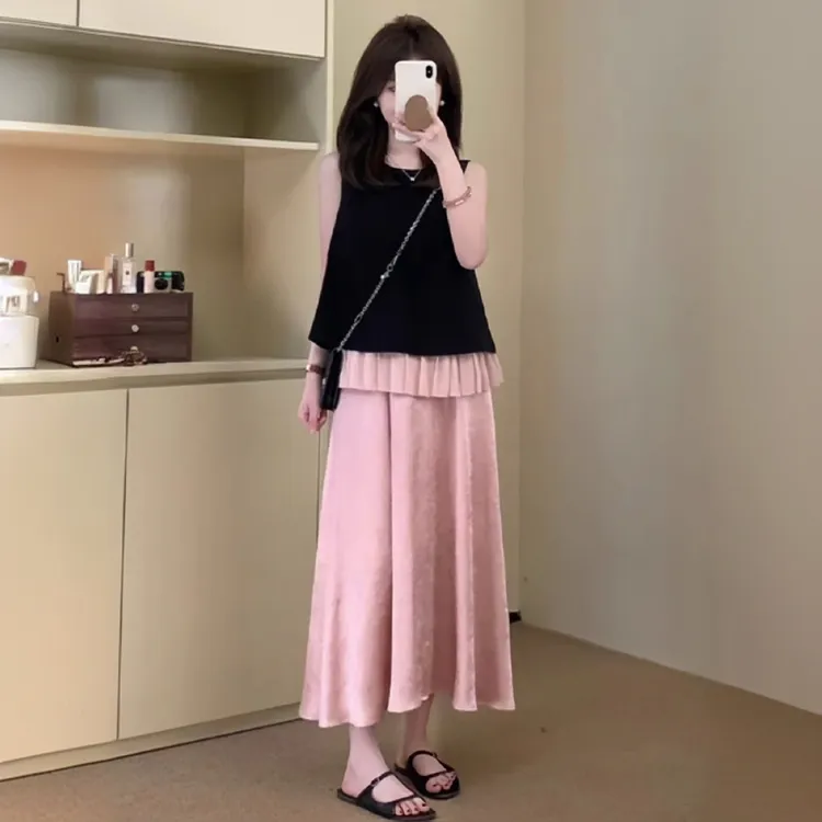 夏日套装小个子韩系温柔风时尚减龄撞色显瘦无袖上衣半身裙两件套