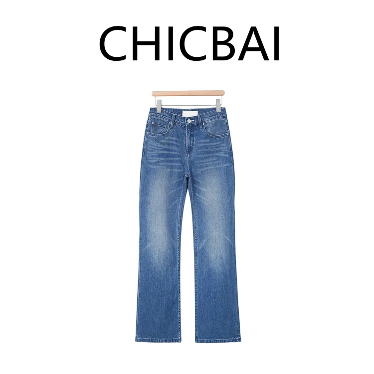 CHICBAI 康屿旧蓝进口康龙牛仔棉混纺刻画笔直筒牛仔裤