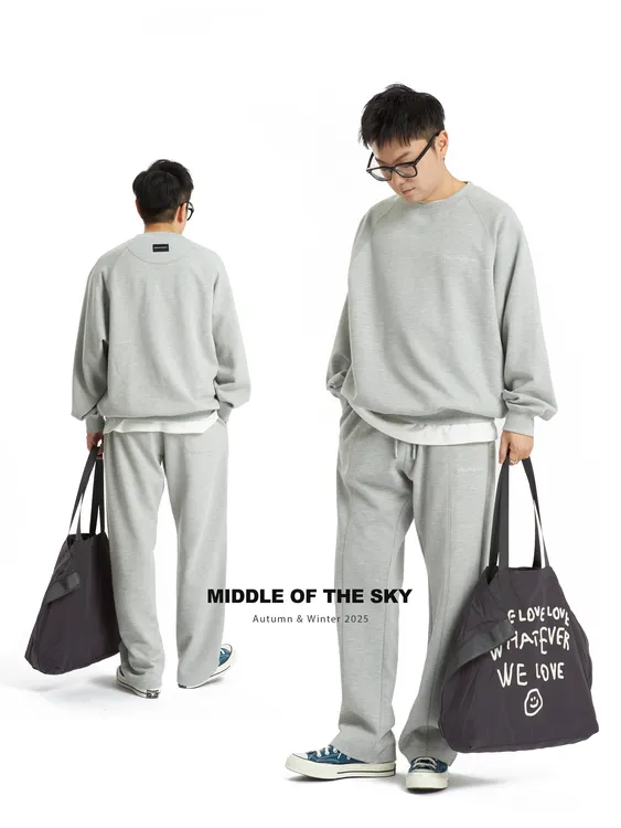 李晨nicMIDDLE OF THE SKY秋季简约潮流宽松刺绣华夫格圆领运动休闲套装