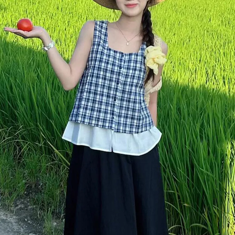 韩版减龄撞色无袖格子衬衫女装夏季新款假两件拼接设计感显瘦上衣