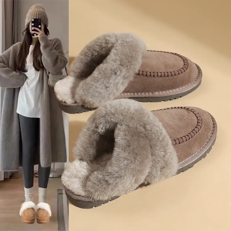 2025秋冬真皮毛绒拖鞋家居桑坡平底包头懒人时尚雪地靴半拖女防滑