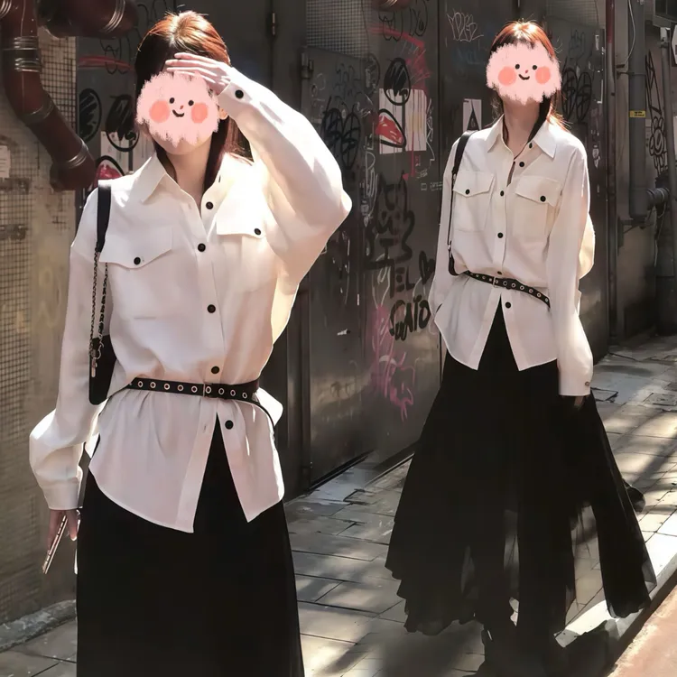 早春松弛感穿搭2025甜酷风洋气复古小众设计感衬衫百搭显瘦半身裙