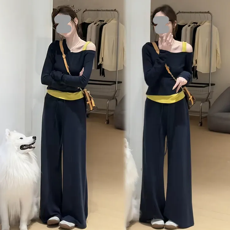 网红洋气炸街套装女2025年春秋新款露肩长袖针织t恤阔腿裤两件套