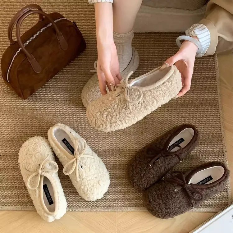 仙女风蝴蝶结平底毛毛鞋女2024年新款懒人一脚蹬保暖休闲豆豆棉鞋