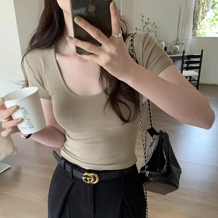 美式U领正肩美拉德T恤女短袖夏季紧身显瘦露腰衣服短款显瘦上衣