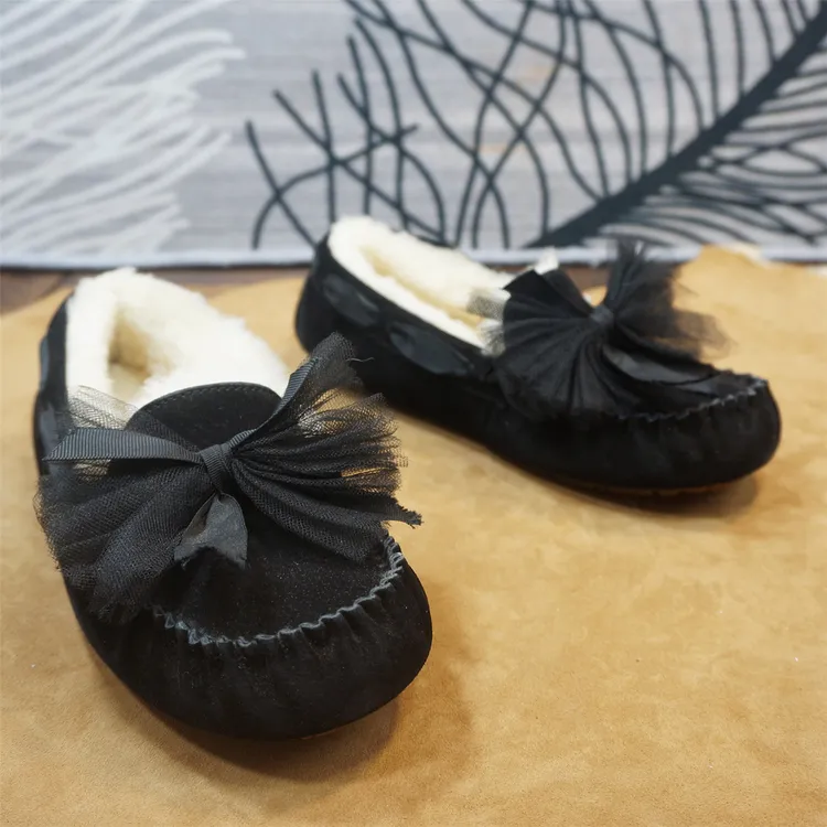 新款牛皮羊毛女士豆豆鞋 蝴蝶结套脚女乐福鞋懒人鞋平跟7-15A