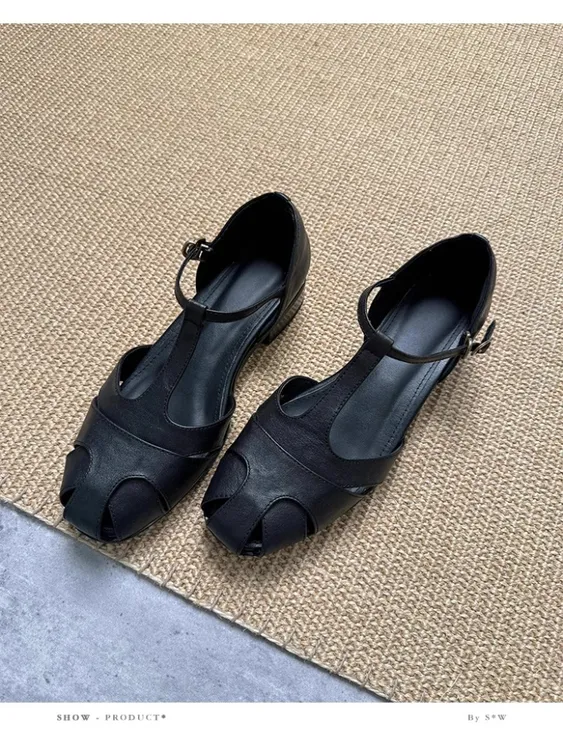 【原创】复古包头鞋女低跟百搭镂空透气一字带通勤显瘦罗马鞋