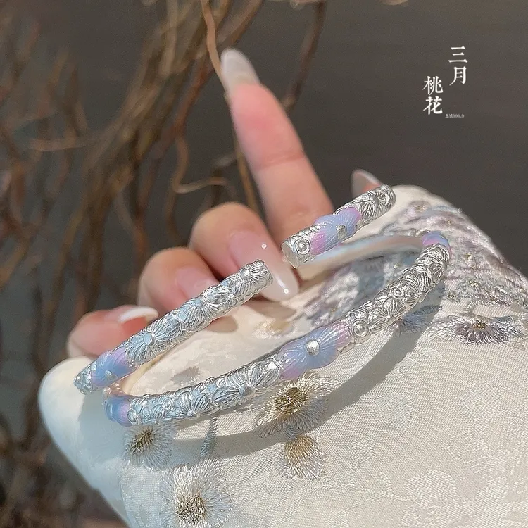足银手镯 十二花神银手镯足银9999纯银镯子国潮珐琅彩送女友