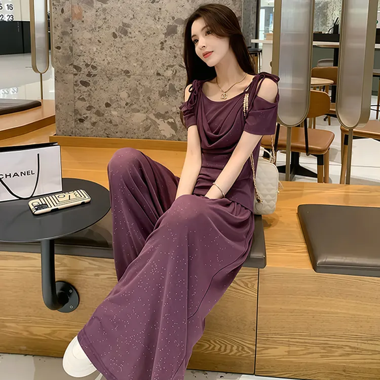 高级感休闲套装女2025年夏季新款洋气休闲露肩短袖阔腿裤两件套潮