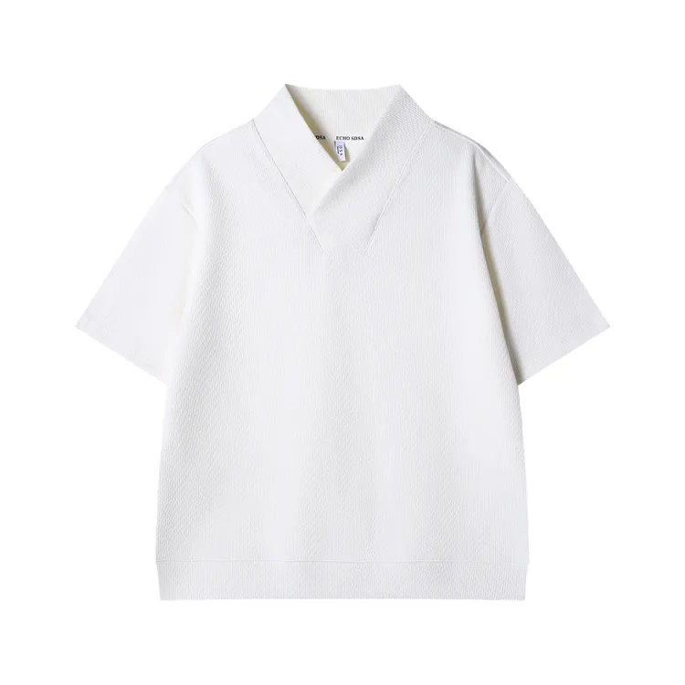 夏季高级感新款韩版纯色交叉V领短袖T恤肌理感百搭情侣休闲上衣