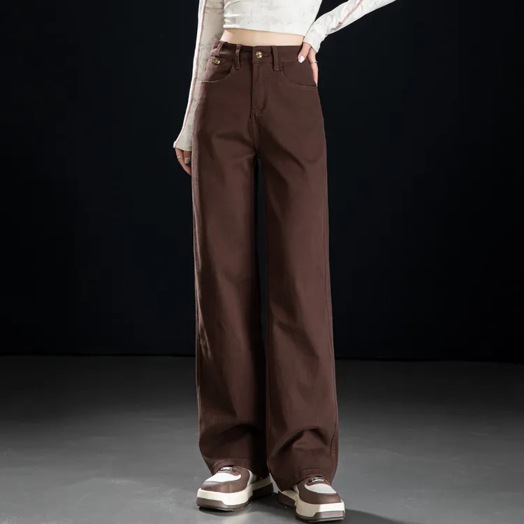 棕咖色窄版阔腿牛仔裤女2025秋冬加绒宽松显瘦长裤高腰休闲直筒裤