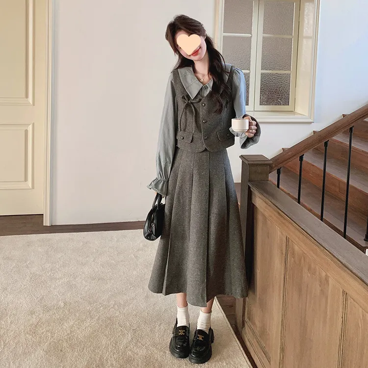 腈纶100%【秋款现货】法式小香风秋冬气质衬衣马甲裙三件套套装裙子