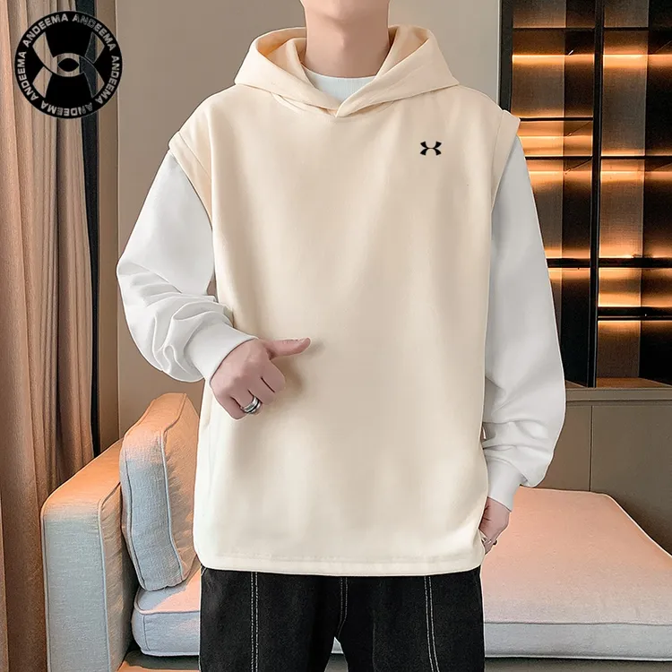 新款拼色2025学生上衣假两件时尚潮流百搭帅气保暖打底连帽卫衣