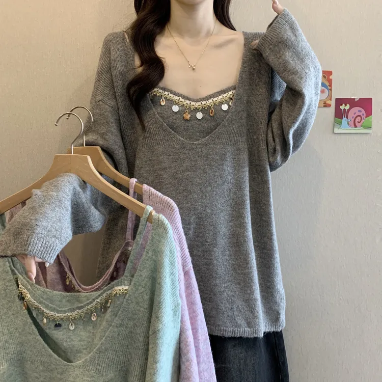 慵懒风软糯针织吊带上衣女新款秋冬遮肉显瘦毛衣两件套装长袖短款
