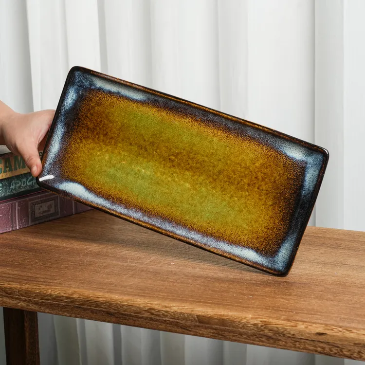 【瑕疵】陶瓷盘子窑变长方形鱼盘家用高级感日式-LM