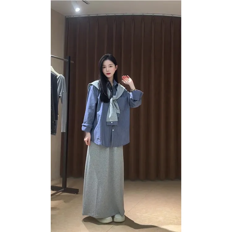 早春2025新款韩系超好看学院风气质蓝色条纹长袖衬衫女半身裙套装