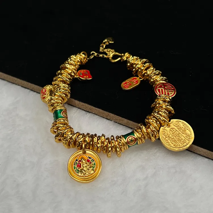 铜合金手链 原创设计首饰红色女古法烧蓝设计师串珠手链吊坠复古