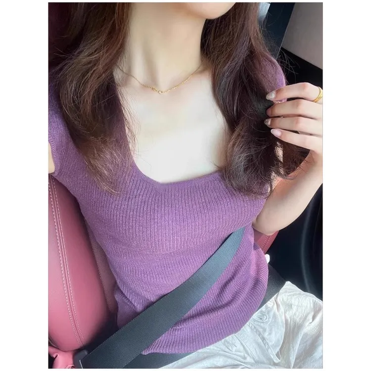 法式大领口小飞袖针织冰丝短袖正肩t恤女夏季小个子短款上衣女