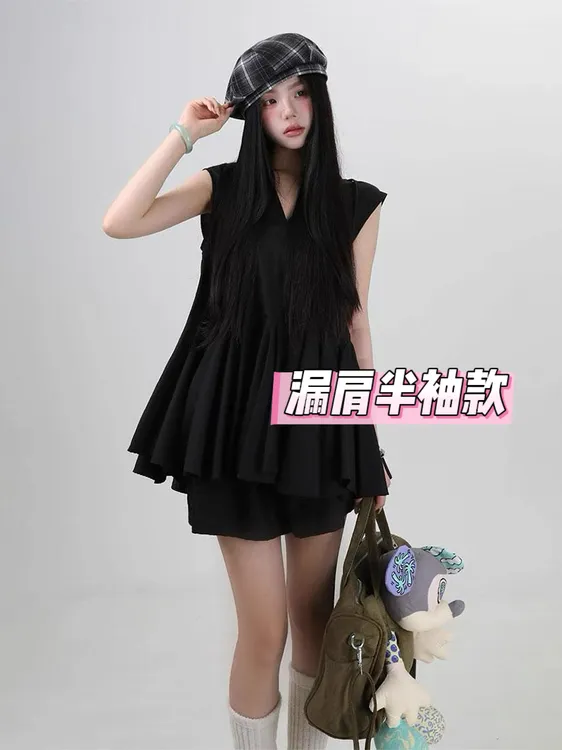 甜美风韩版套装女漏肩半袖减龄上衣巨好看的秋季新款宽松短裤套装