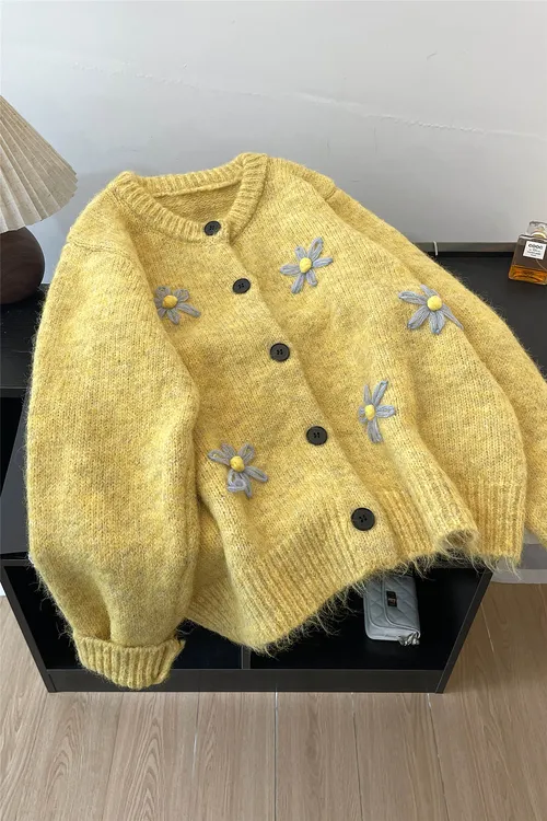 黄色重工花朵刺绣毛衣外套2025秋冬INS风高级感圆领宽松针织开衫