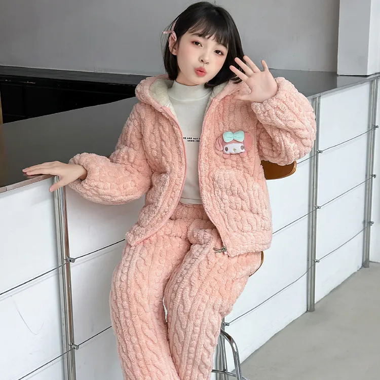 2025新款儿童三层加绒加厚睡衣女童宝宝中大童外穿保暖家居服套装