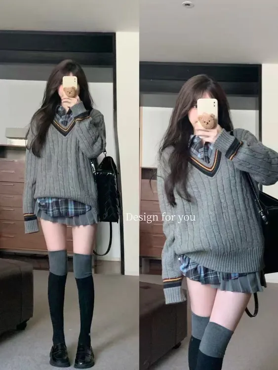 秋冬季毛衣网红薄款百搭厚款秋冬长袖宽松型衬衫裙子时尚套装7185