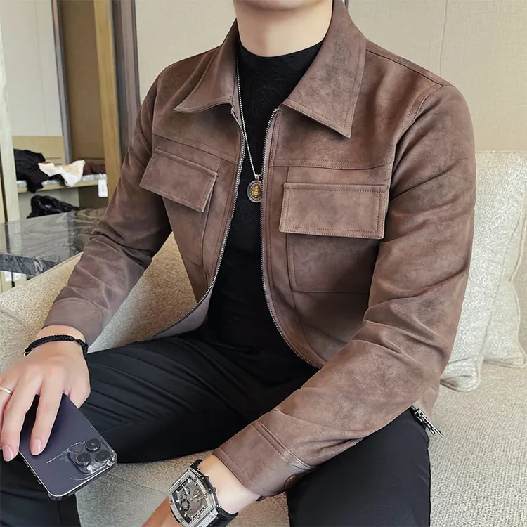 高级感磨砂皮行政夹克外套男韩版修身春秋商务休闲时尚翻领外衣男