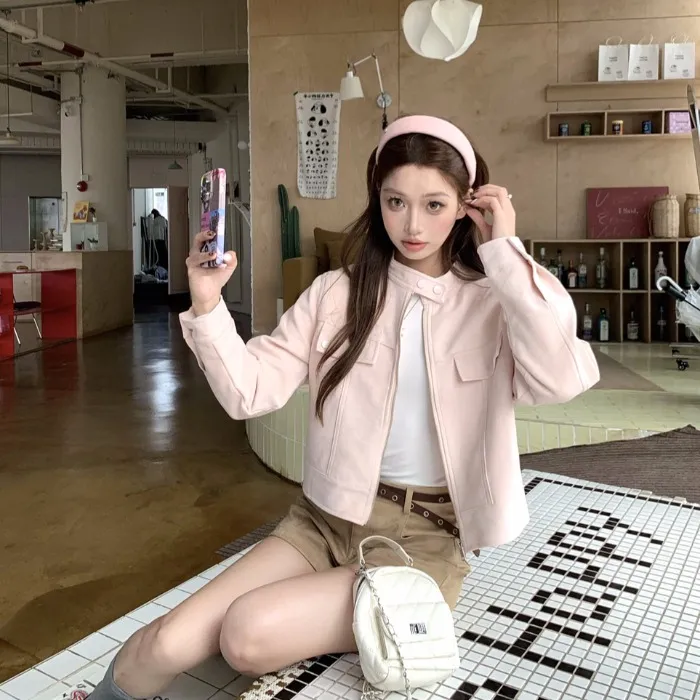 韩系粉色拉链外套女2025秋季新款宽松小个子短款休闲夹克甜酷上衣