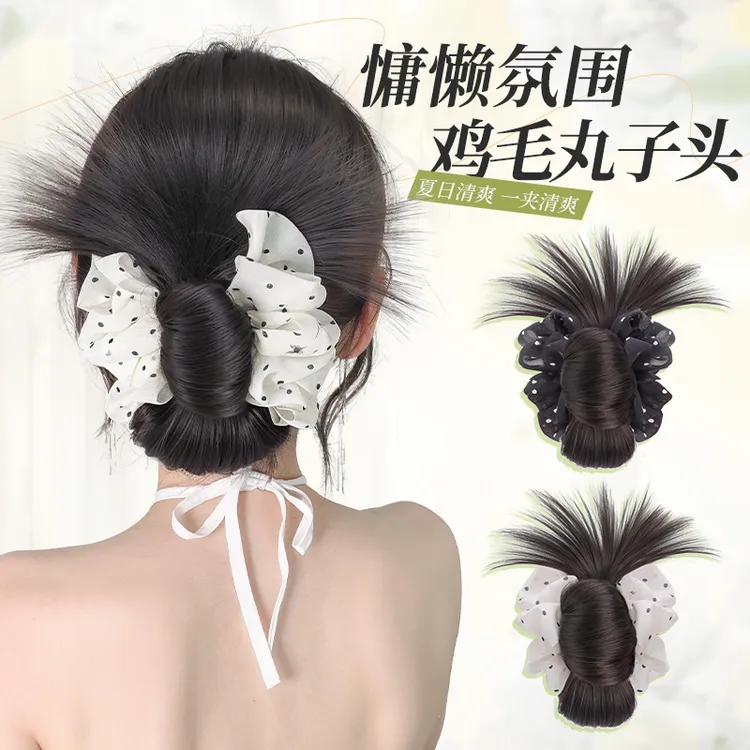 韩系波点假发女款抓夹低丸子头自然蓬松发包假发