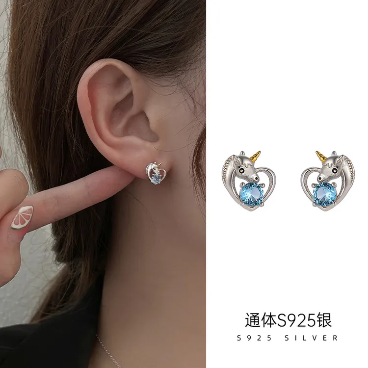 925银耳饰 新款潮个性独角兽蓝钻耳钉女简约防过敏养耳洞百搭饰品