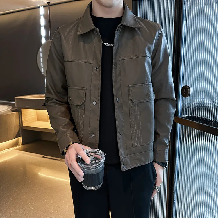 业速复古软皮衣男士夹克男2025新款加绒皮外套修身时尚百搭上衣