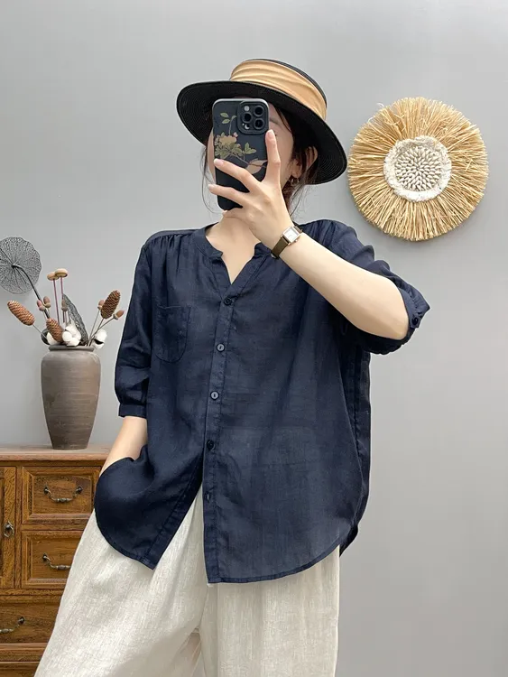 【六色V领 100%纯苎麻】夏季斜纹纯苎麻V领短袖衬衫女百搭宽松66116