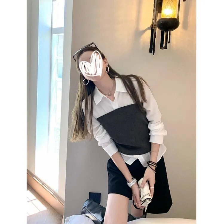 秋季新款假两件收腰长袖衬衫女