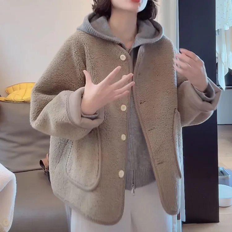 老钱风时尚圆领皮毛一体羊羔绒外套秋冬新款休闲宽松百搭保暖上衣