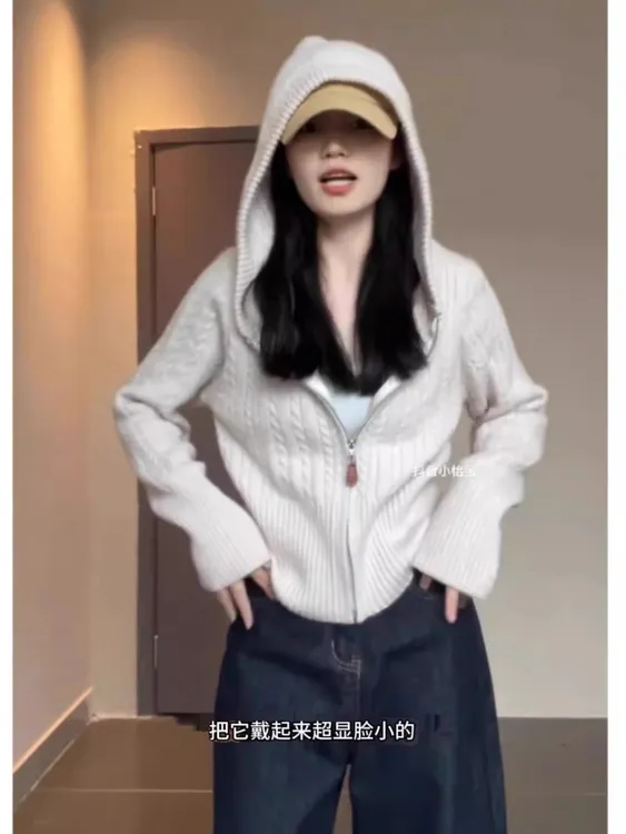 温柔风麻花连帽针织开衫女秋冬韩系慵懒拉链毛衣外套收腰短款上衣