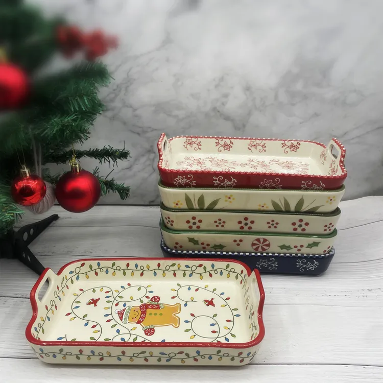 外贸出口尾单美式陶瓷双耳烤盘托盘长方形彩绘菜盘10寸小吃点心盘