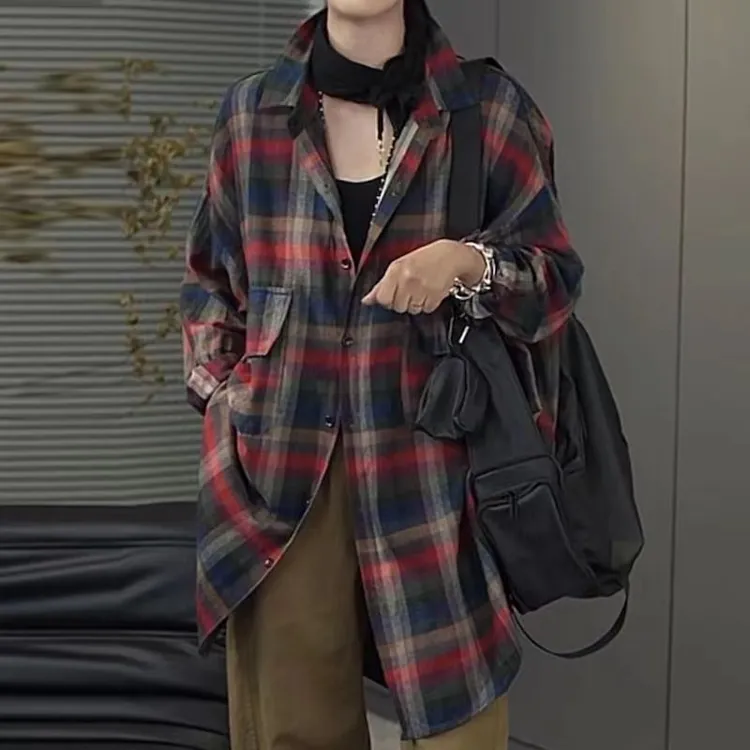 文艺休闲中长款格子排扣衬衫外套2025秋季宽松遮屁股长袖翻领上衣