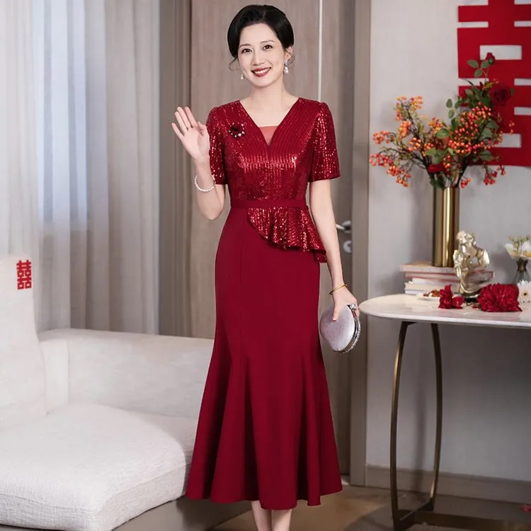 高端中年喜婆婆喜妈妈连衣裙高档长款婚宴礼服鱼尾裙子夏季新款