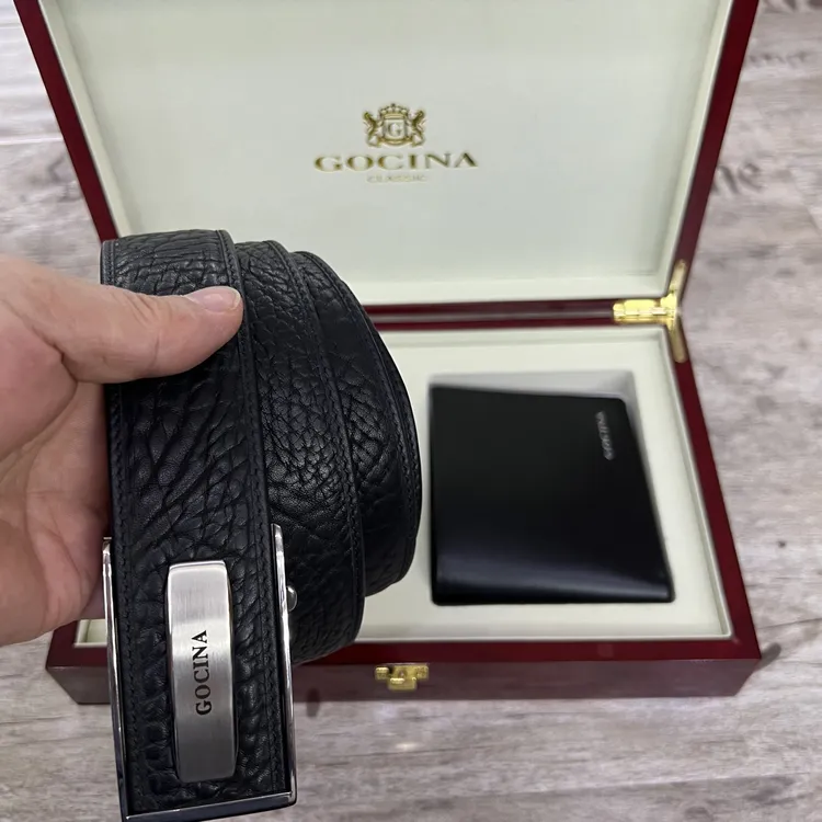 库奇世家真皮男士皮带头层牛皮3.8不锈钢自动扣腰带红木盒礼品